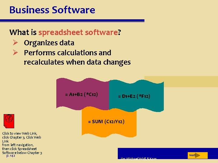 Business Software What is spreadsheet software? Ø Organizes data Ø Performs calculations and recalculates