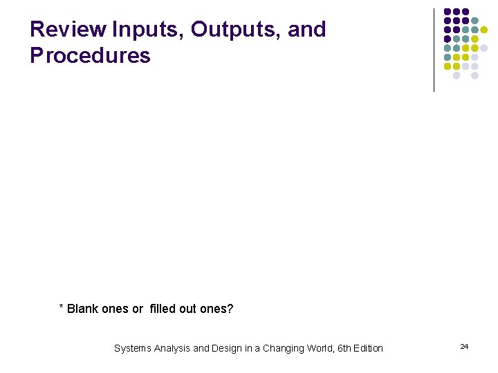 Review Inputs, Outputs, and Procedures * Blank ones or filled out ones? Systems Analysis