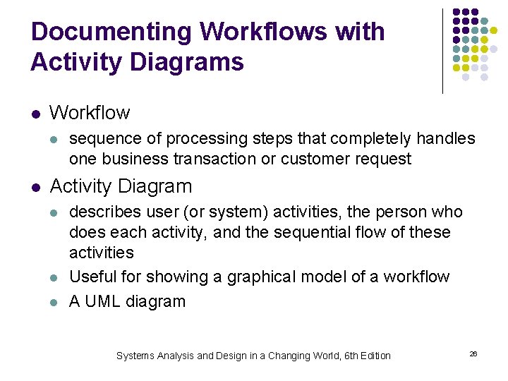 Documenting Workflows with Activity Diagrams l Workflow l l sequence of processing steps that