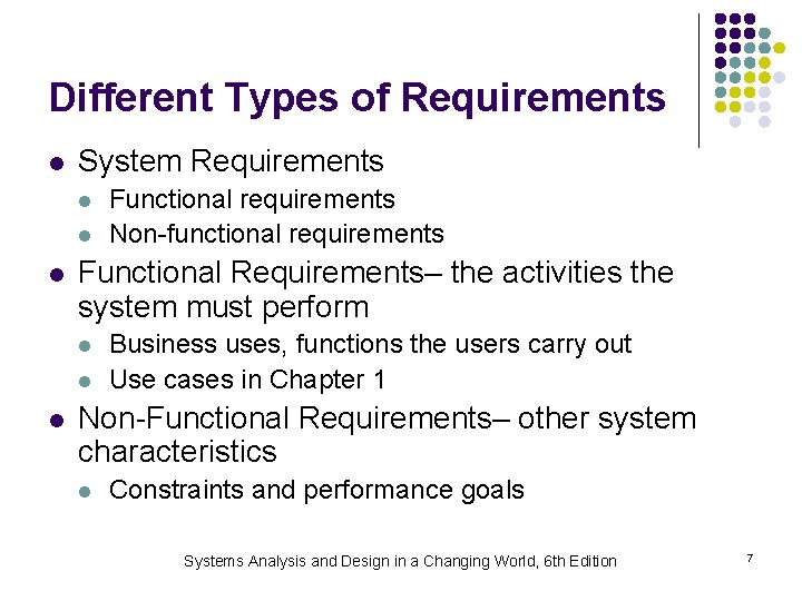 Different Types of Requirements l System Requirements l l l Functional Requirements– the activities