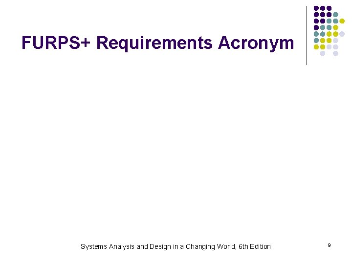 FURPS+ Requirements Acronym Systems Analysis and Design in a Changing World, 6 th Edition