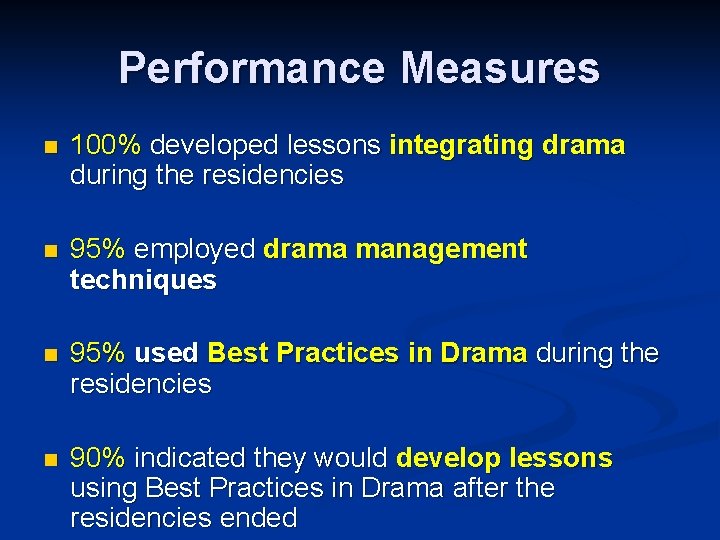 Performance Measures n 100% developed lessons integrating drama during the residencies n 95% employed