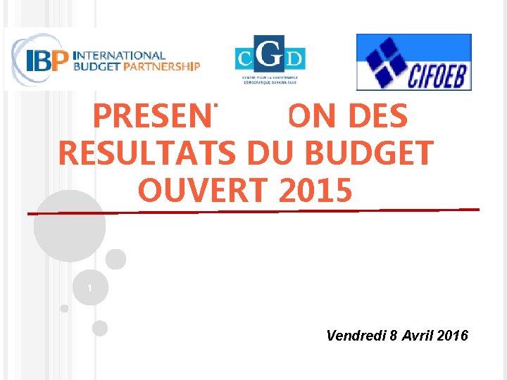 PRESENTATION DES RESULTATS DU BUDGET OUVERT 2015 1 Vendredi 8 Avril 2016 