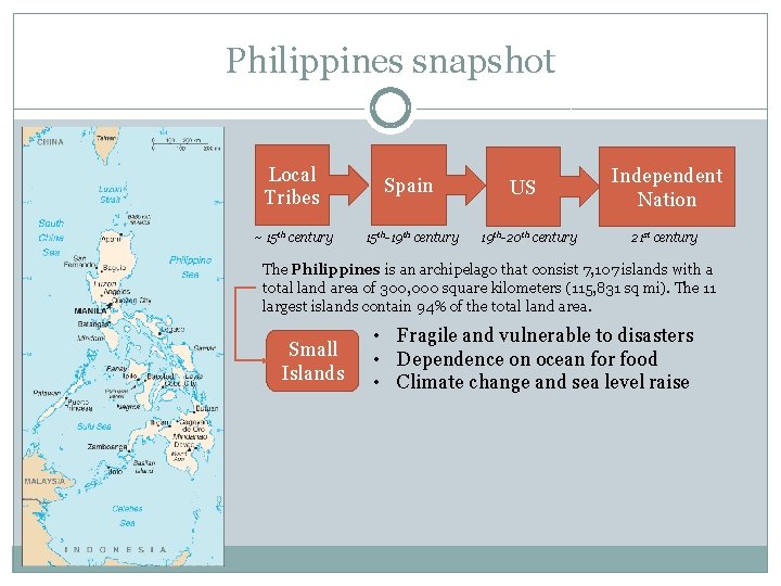 Philippines snapshot Local Tribes Spain ~ 15 th century 15 th-19 th century US