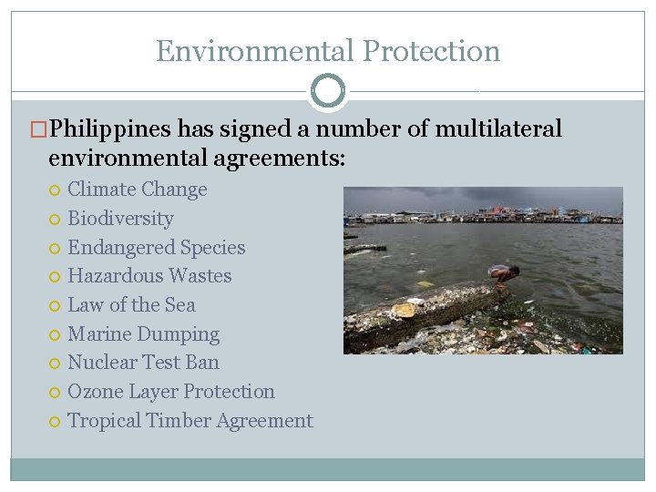 Environmental Protection �Philippines has signed a number of multilateral environmental agreements: Climate Change Biodiversity