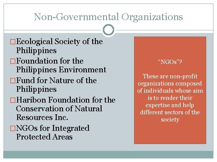 Non-Governmental Organizations �Ecological Society of the Philippines �Foundation for the Philippines Environment �Fund for