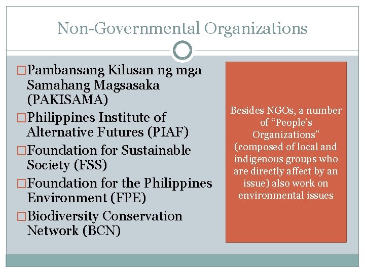 Non-Governmental Organizations �Pambansang Kilusan ng mga Samahang Magsasaka (PAKISAMA) �Philippines Institute of Alternative Futures