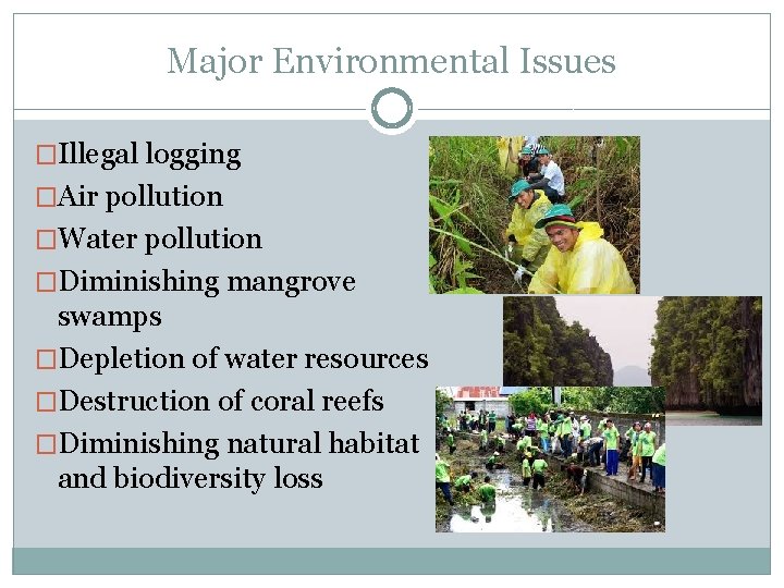 Major Environmental Issues �Illegal logging �Air pollution �Water pollution �Diminishing mangrove swamps �Depletion of