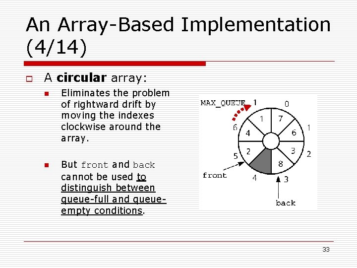 An Array-Based Implementation (4/14) o A circular array: n n Eliminates the problem of
