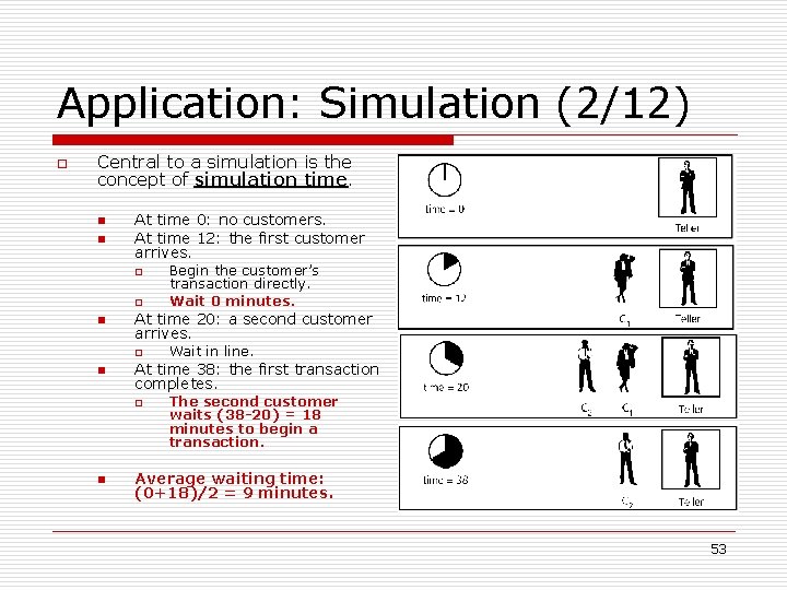 Application: Simulation (2/12) o Central to a simulation is the concept of simulation time.