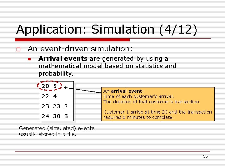 Application: Simulation (4/12) o An event-driven simulation: n Arrival events are generated by using