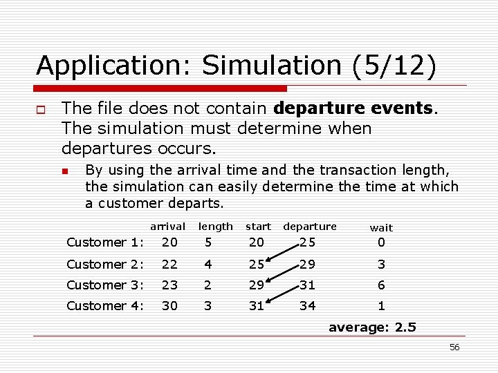 Application: Simulation (5/12) o The file does not contain departure events. The simulation must