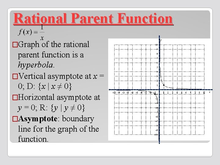 Rational Parent Function �Graph of the rational parent function is a hyperbola. �Vertical asymptote