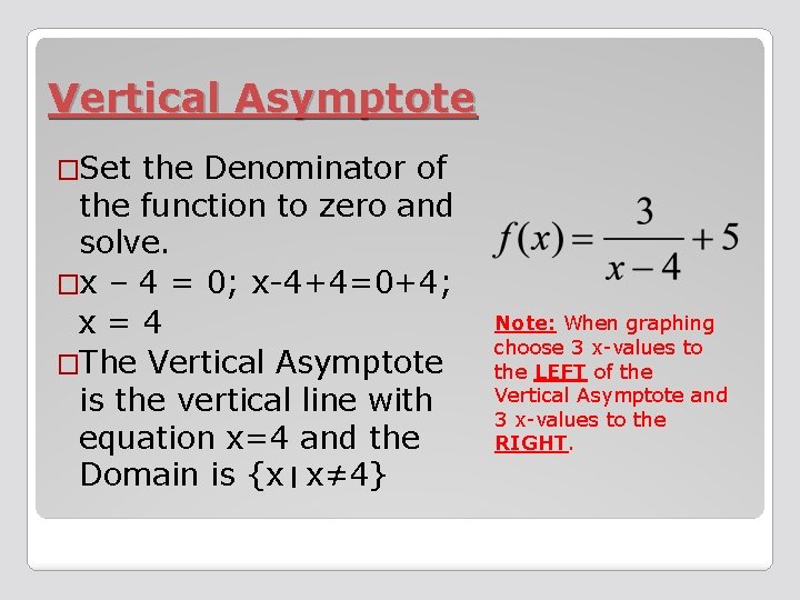 Vertical Asymptote �Set the Denominator of the function to zero and solve. �x –