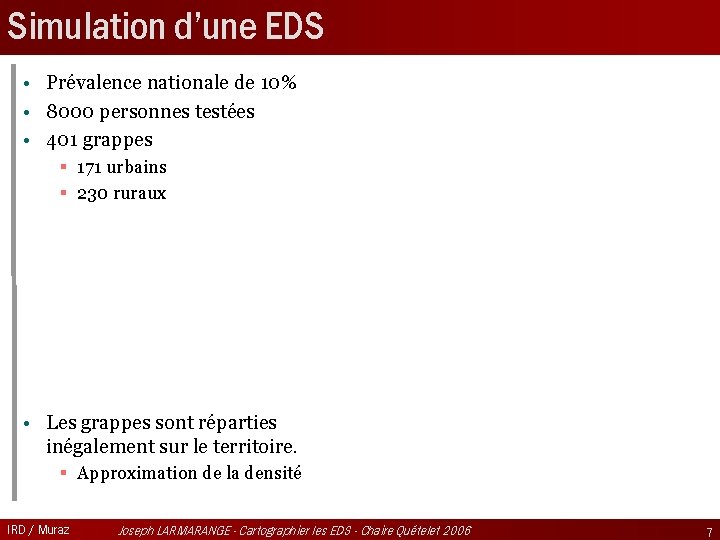 Simulation d’une EDS • Prévalence nationale de 10% • 8000 personnes testées • 401