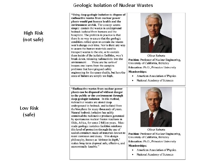 Geologic Isolation of Nuclear Wastes High Risk (not safe) Low Risk (safe) 