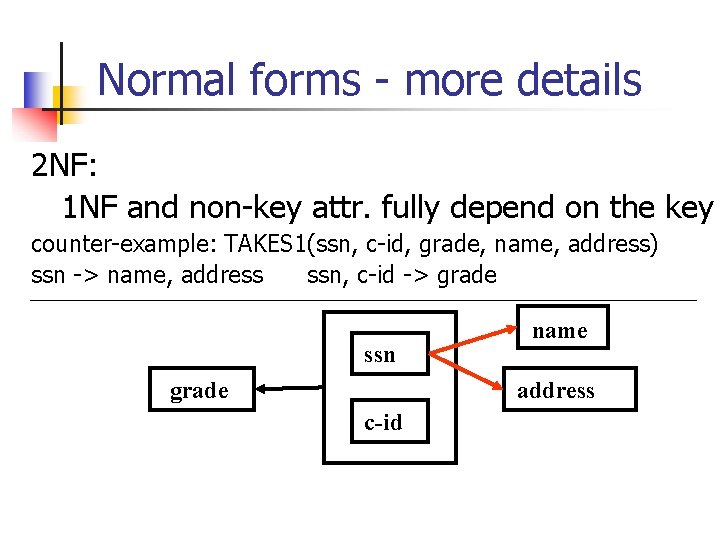 Normal forms - more details 2 NF: 1 NF and non-key attr. fully depend