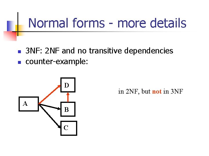 Normal forms - more details n n 3 NF: 2 NF and no transitive