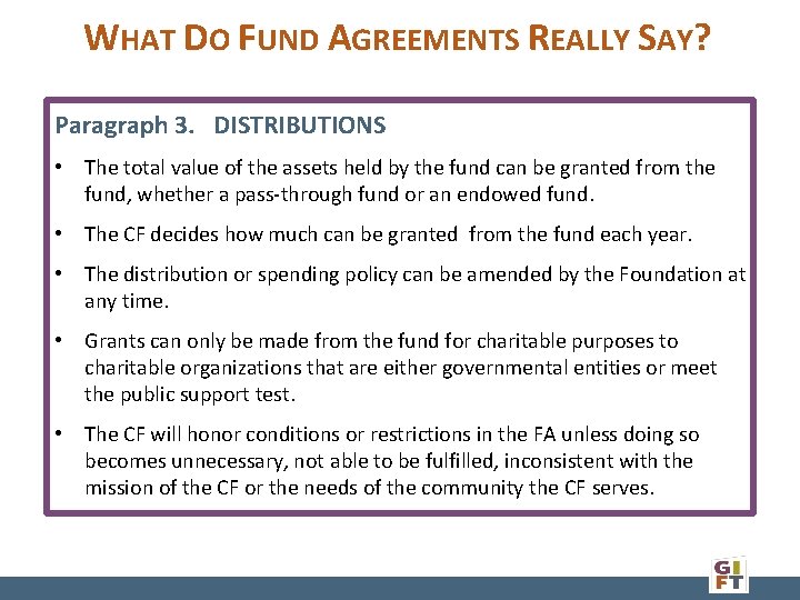 WHAT DO FUND AGREEMENTS REALLY SAY? Paragraph 3. DISTRIBUTIONS • The total value of