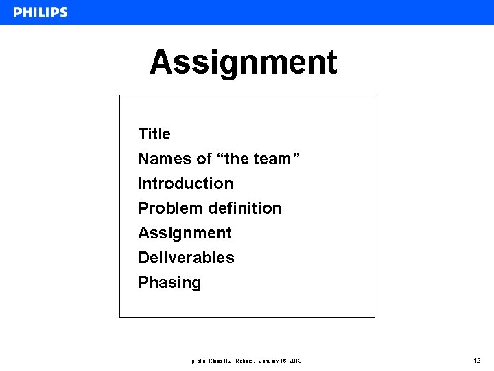 Assignment Title Names of “the team” Introduction Problem definition Assignment Deliverables Phasing prof. ir.