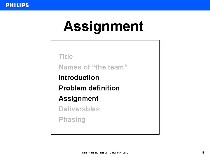 Assignment Title Names of “the team” Introduction Problem definition Assignment Deliverables Phasing prof. ir.