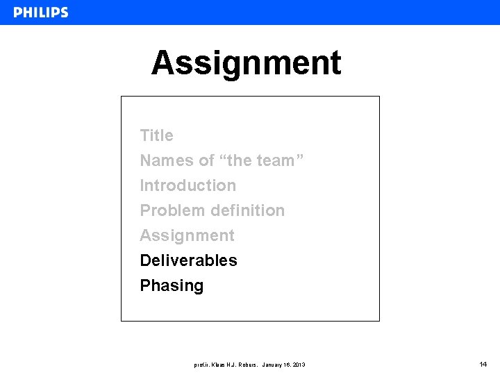 Assignment Title Names of “the team” Introduction Problem definition Assignment Deliverables Phasing prof. ir.