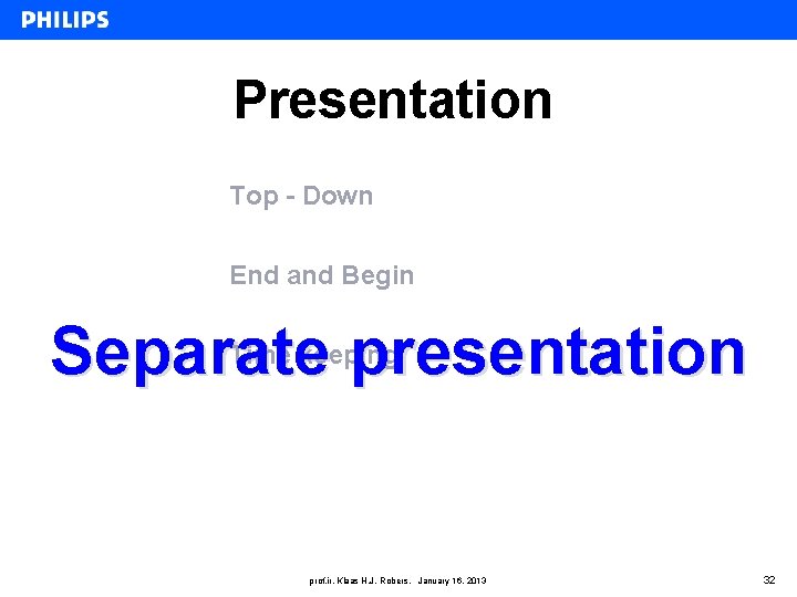 Presentation Top - Down End and Begin Separate presentation Time keeping prof. ir. Klaas