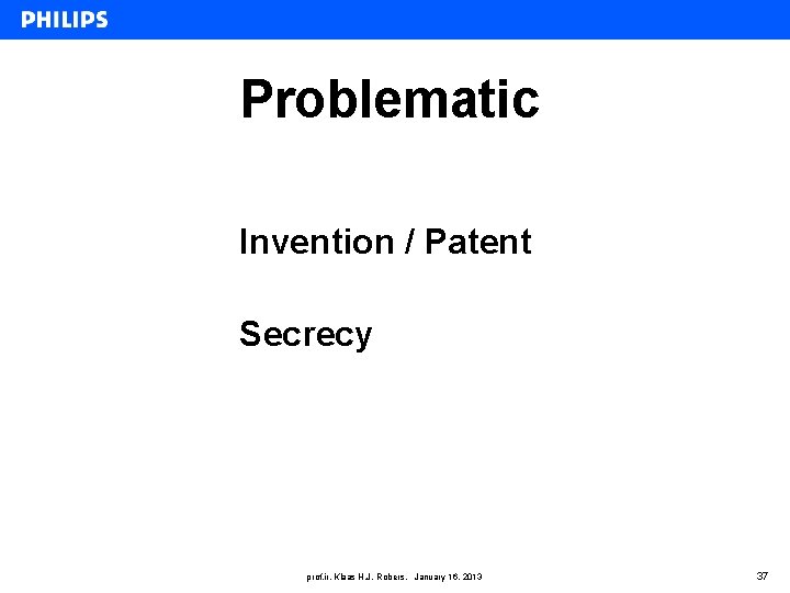 Problematic Invention / Patent Secrecy prof. ir. Klaas H. J. Robers, January 16, 2013