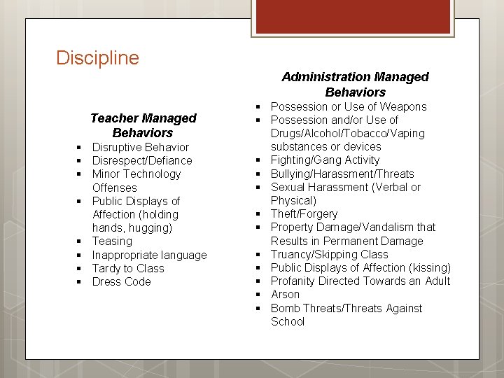 Discipline Administration Managed Behaviors Teacher Managed Behaviors § Disruptive Behavior § Disrespect/Defiance § Minor