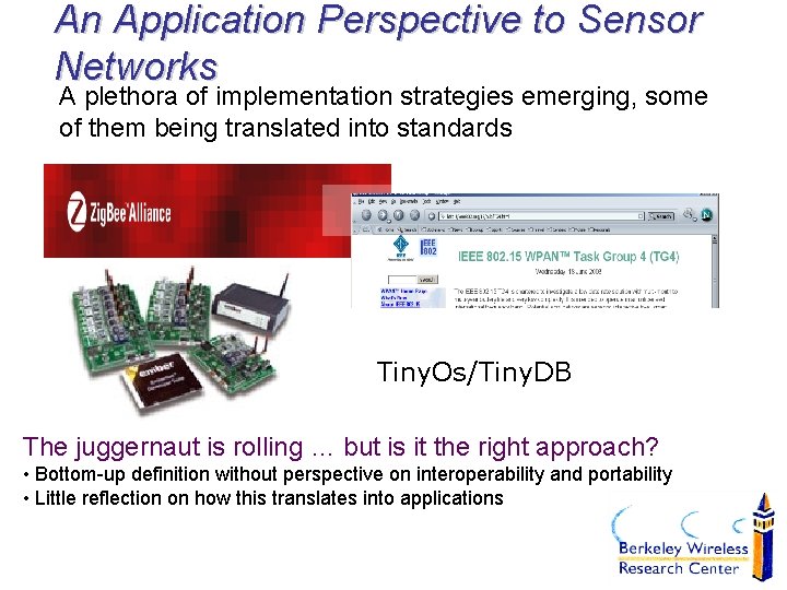 An Application Perspective to Sensor Networks A plethora of implementation strategies emerging, some of