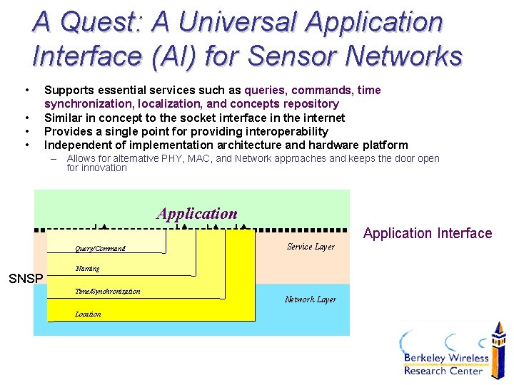 A Quest: A Universal Application Interface (AI) for Sensor Networks • • Supports essential