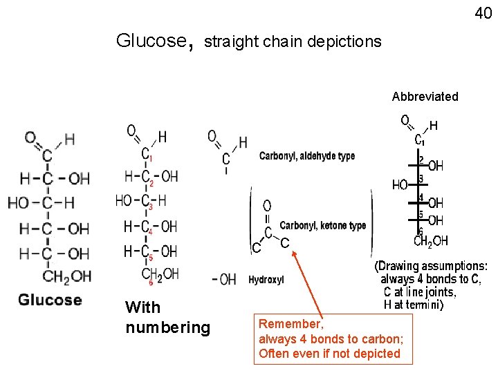 40 Glucose, straight chain depictions Abbreviated C With numbering C Remember, always 4 bonds