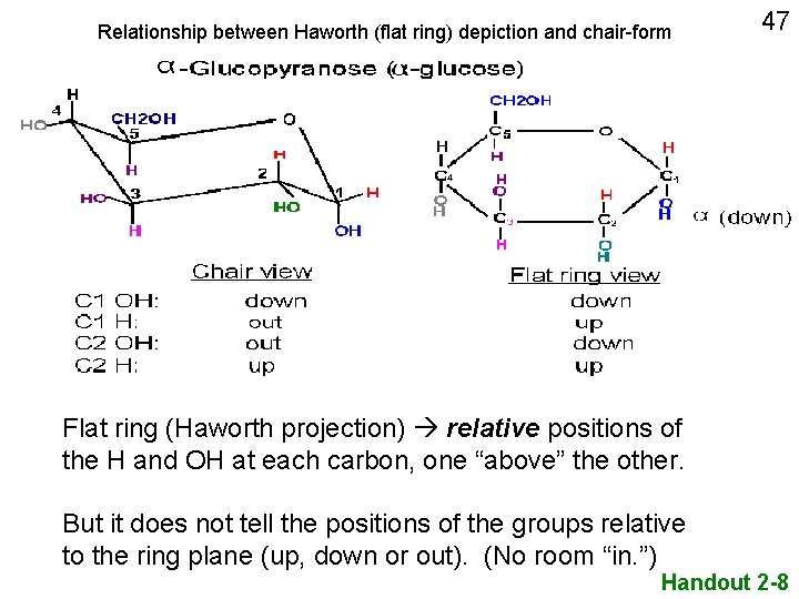 Relationship between Haworth (flat ring) depiction and chair-form 47 Flat ring (Haworth projection) relative