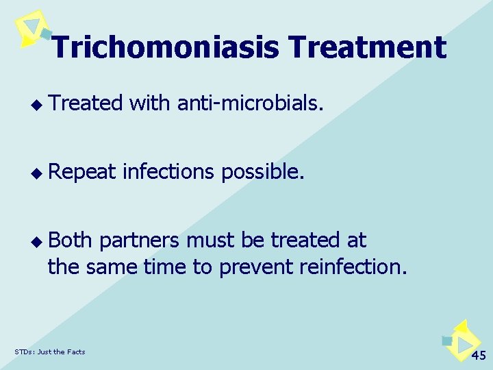 Trichomoniasis Treatment u Treated u Repeat with anti-microbials. infections possible. u Both partners must