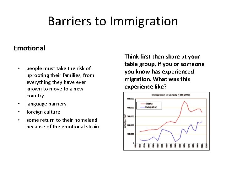 Barriers to Immigration Emotional • • people must take the risk of uprooting their