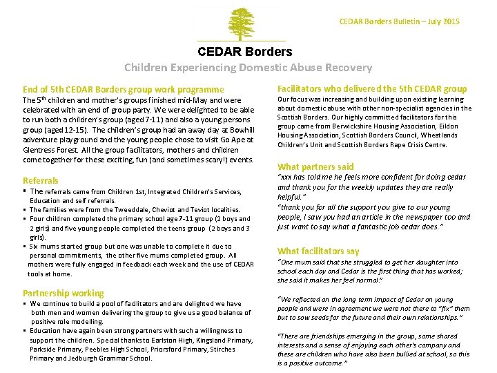 CEDAR Borders Bulletin – July 2015 CEDAR Borders Children Experiencing Domestic Abuse Recovery End