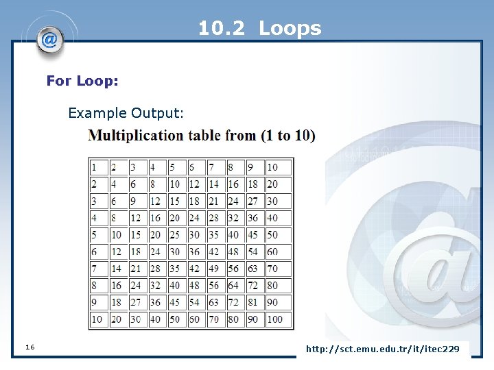 10. 2 Loops For Loop: Example Output: 16 http: //sct. emu. edu. tr/it/itec 229