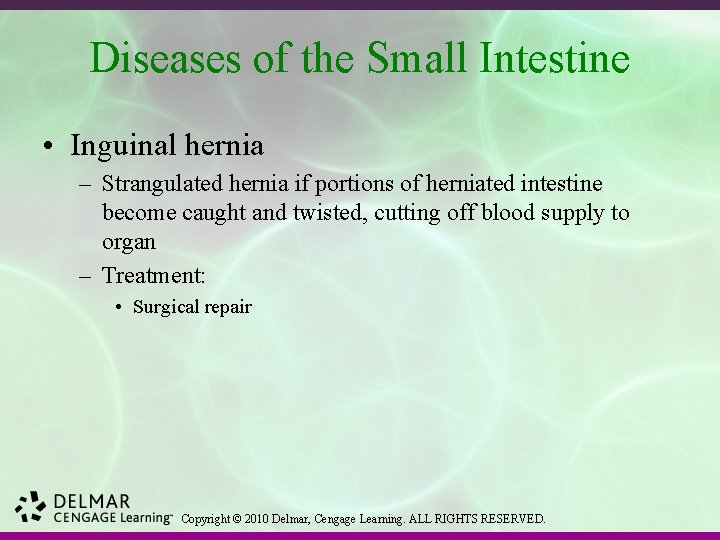 Diseases of the Small Intestine • Inguinal hernia – Strangulated hernia if portions of