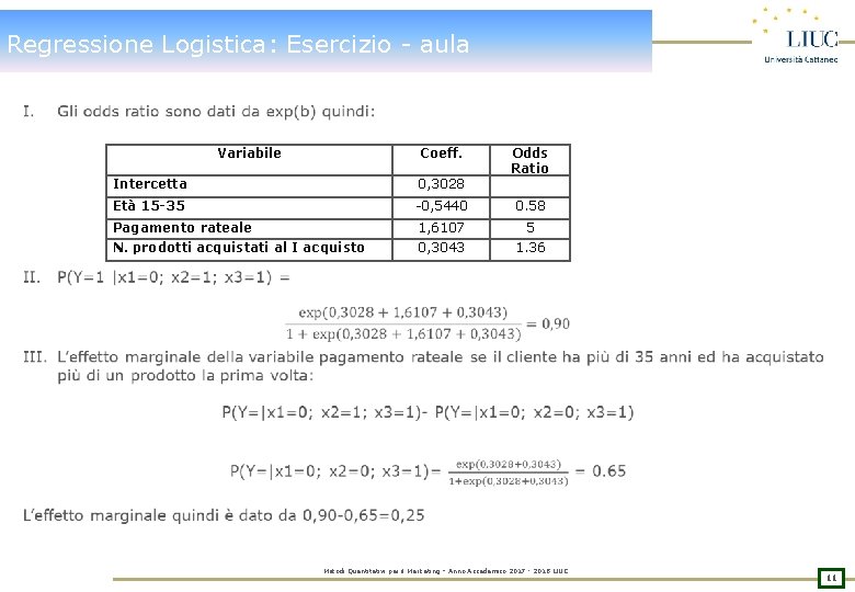 Regressione Logistica: Esercizio - aula Variabile Coeff. Odds Ratio Intercetta 0, 3028 Età 15