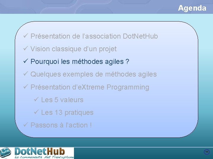 Agenda ü Présentation de l’association Dot. Net. Hub ü Vision classique d’un projet ü