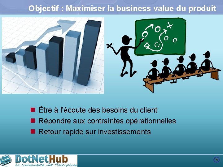 Objectif : Maximiser la business value du produit n Être à l’écoute des besoins