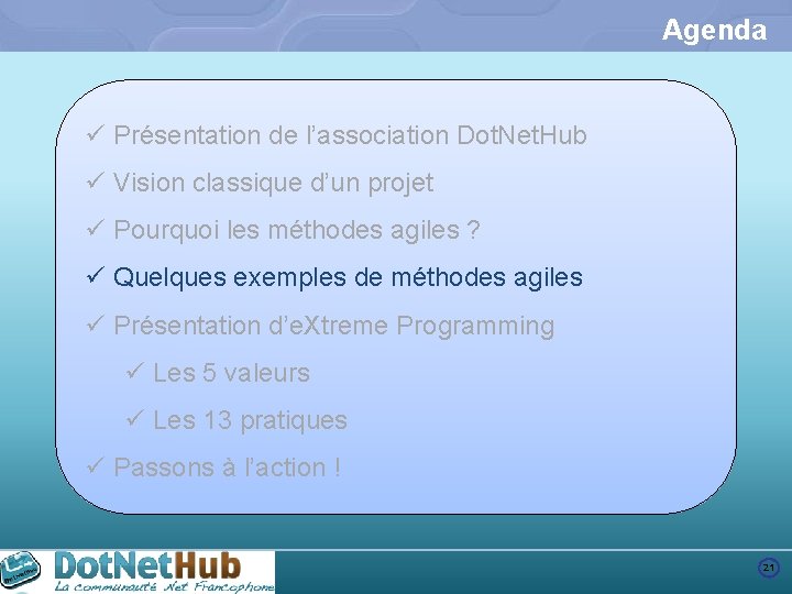 Agenda ü Présentation de l’association Dot. Net. Hub ü Vision classique d’un projet ü