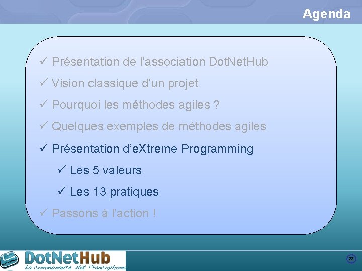 Agenda ü Présentation de l’association Dot. Net. Hub ü Vision classique d’un projet ü