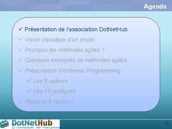 Agenda ü Présentation de l’association Dot. Net. Hub ü Vision classique d’un projet ü