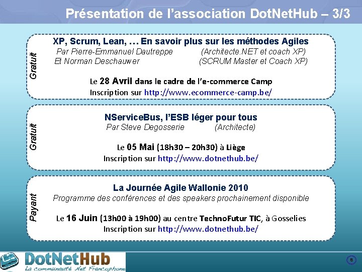 Présentation de l’association Dot. Net. Hub – 3/3 Gratuit XP, Scrum, Lean, … En