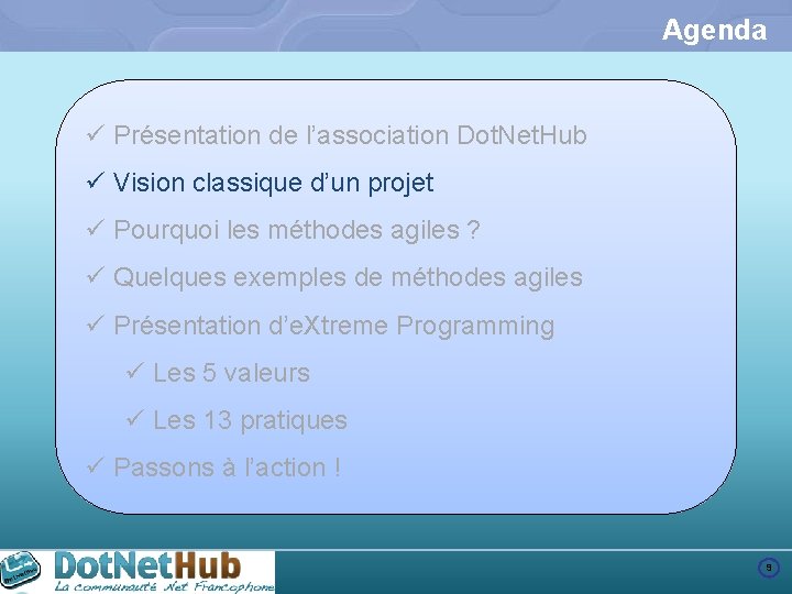 Agenda ü Présentation de l’association Dot. Net. Hub ü Vision classique d’un projet ü