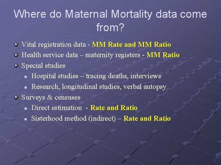 Where do Maternal Mortality data come from? Vital registration data - MM Rate and