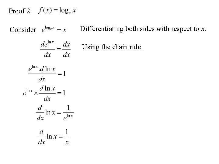 Proof 2. Differentiating both sides with respect to x. Using the chain rule. 