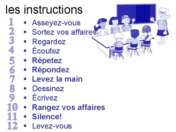 les instructions 1 2 3 4 5 6 7 8 9 10 11 12