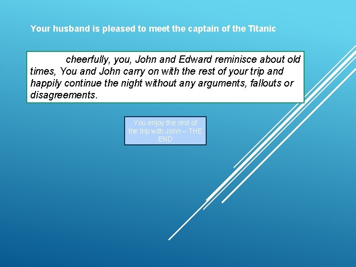 Your husband is pleased to meet the captain of the Titanic cheerfully, you, John